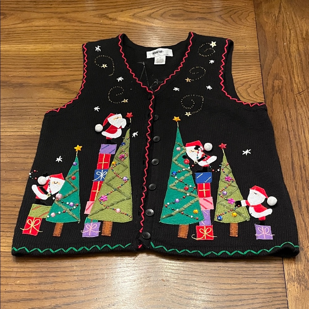 Kikit Black Vest with Santa and Christmas‎ Tree design, size medium
